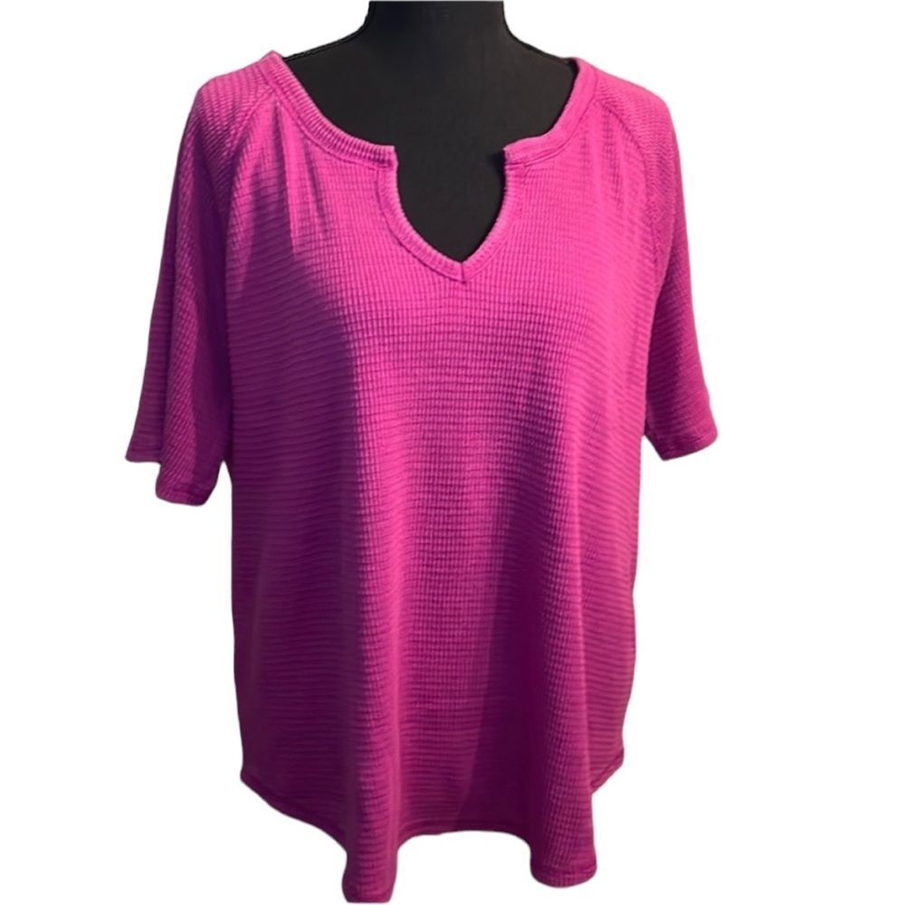 NWT Raspberry Pink Waffle Knit Split Neck Top | Casual Trendy Tee